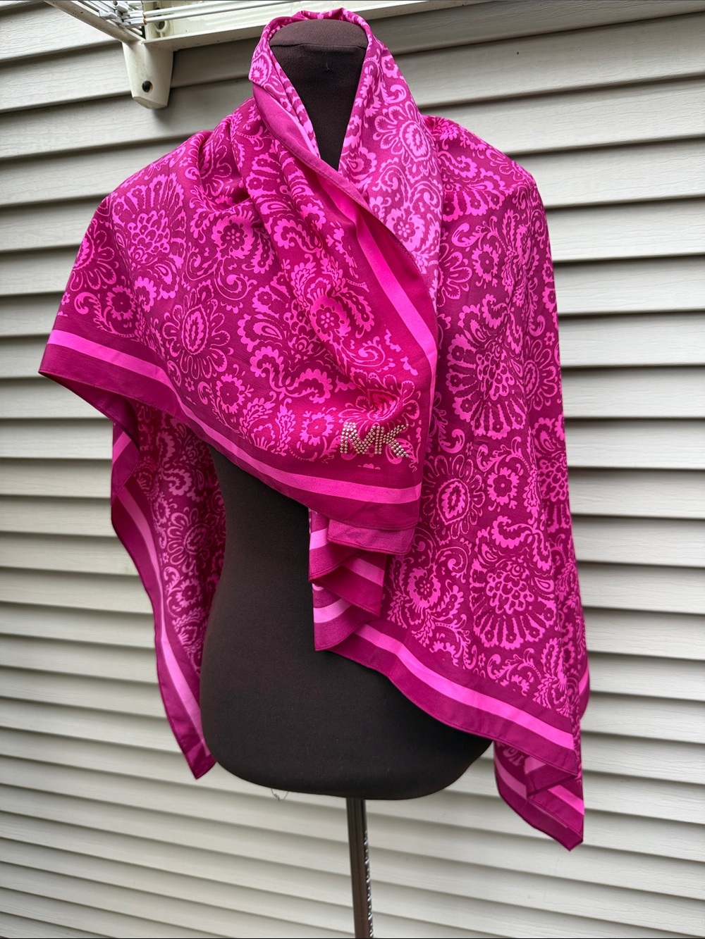 Michael Kors Pink Red Damask Square Scarf Rhinestone MK Logo One Size